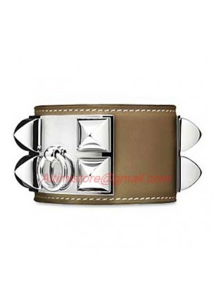 Hermes Taupe Leather Collier de Chien Bracelet with White Gold Plated Clasp & Hardware 