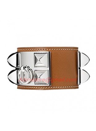 Hermes Brown Leather Collier de Chien Bracelet with White Gold Plated Clasp & Hardware 
