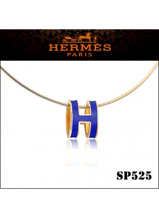 Hermes Pop H Narrow Pendant Necklace in Blue Enamel with Yellow Gold Plating