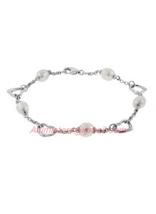 Designer Inspired 925 Silver Hearts Link Bracelet with Pearl