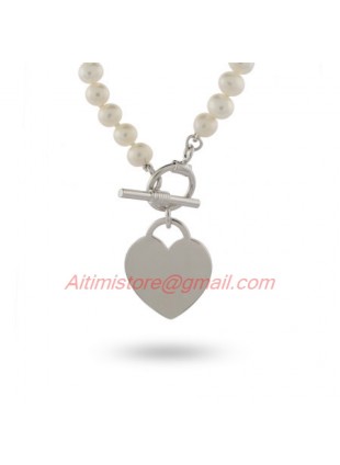 Designer Inspired Pearl Sterling Silver Heart Tag Necklace