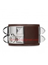 Hermes Coffee Leather Collier De Chien Bracelet With White Gold Plated Clasp & Hardware