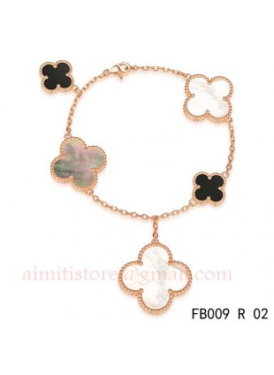 Van Cleef & Arpels Pink Gold Magic Alhambra Bracelet 5 Motifs Stone Combination 