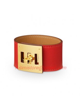 Hermes Red Leather Kelly Dog Bracelet with Gold Plated Clasp 