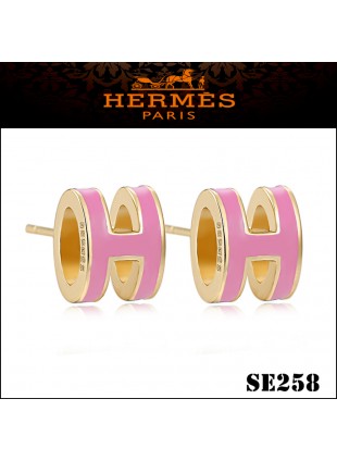 Hermes Pop H Pink Enamel Earrings in Yellow Gold 