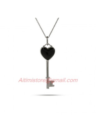 Designer Inspired Silver Black Onyx Heart Key Pendant