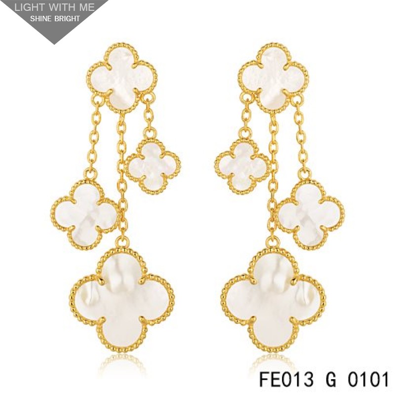 Magic Alhambra earrings, 4 motifs 18K yellow gold, Mother-of-pearl