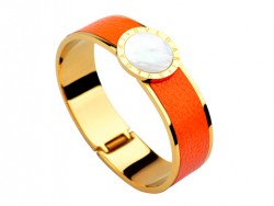 Bulgari-Bvlgari Wide Band Bangle in 18kt Yellow Gold and Orange Leather with Mother of Pearl 
