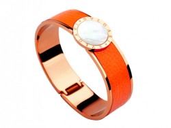 Bulgari-Bvlgari Wide Band Bangle in 18kt Pink Gold and Orange Leather with Mother of Pearl 