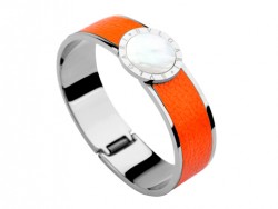 Bulgari-Bvlgari Wide Band Bangle in Steel and Orange Leather with Mother of Pearl 