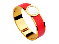 Bulgari-Bvlgari Wide Band Bangle in 18kt Yellow Gold and Red Leather with Mother of Pearl 
