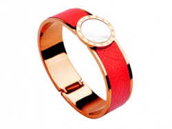 Bulgari-Bvlgari Wide Band Bangle in 18kt Pink Gold and Red Leather with Mother of Pearl 