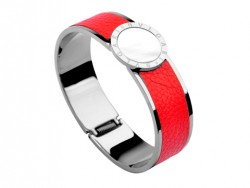 Bulgari-Bvlgari Wide Band Bangle in Steel and Red Leather with Mother of Pearl 