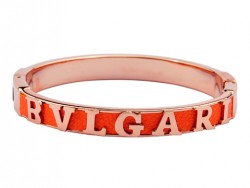 Designer Bvlgari LOGO Bangle in 18kt Pink Gold and Orange Leather for Women