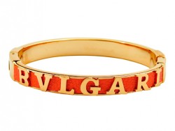 Designer Bvlgari LOGO Bangle in 18kt Yellow Gold and Orange Leather for Women