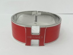 Hermes Vintage Clic Clac H Bracelet in 18kt White Gold with Rose Leather,Wide