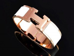 Hermes Clic Clac H Bracelet White Enamel and 18K Pink Gold,Medium