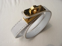 Hermes Kelly Dog Double White Leather Bracelet,Rose Gold Hardware