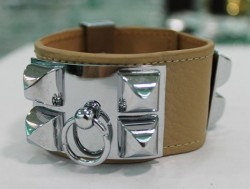 Hermes Kelly Dog Bracelet,Brown Leather and White Gold Cuff