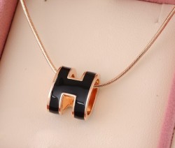 Hermes Black H Logo Charm Necklace in 18kt Pink Gold