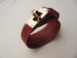 Hermes Kelly Dog Double Red Leather Bracelet,Rose Gold Hardware