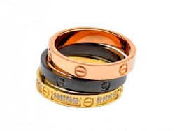 Cartier Three Bands LOVE Ring in Black Ceramic and 18kt Pink, Yellow Gold with Pave Diamonds