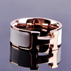 Hermes H LOGO Ring in 18kt Pink Gold with White Enamel