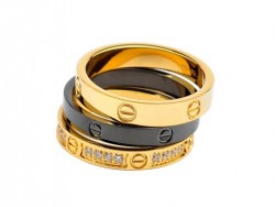 Cartier Three Bands LOVE Ring in Black Ceramic and 18kt Yellow Gold with Pave Diamonds