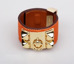 Hermes Kelly Dog Bracelet,Orange Leather and Pink Gold Cuff