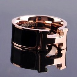 Hermes H LOGO Ring in 18kt Pink Gold With Black Enamel