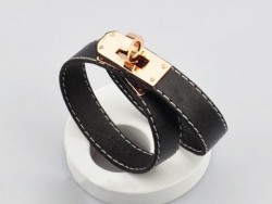 Hermes Kelly Dog Double Black Leather Bracelet,Rose Gold Hardware