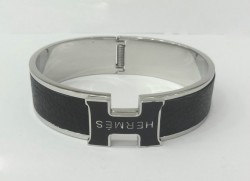 Hermes Clic Clac H Bracelet in 18kt White Gold with Black Leather,Narrow