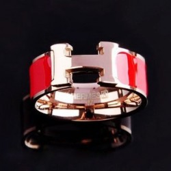 Hermes H Logo Ring in 18kt Pink Gold with Red Enamel