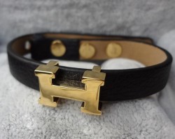 Hermes Black Leather With Pink Gold H Logo Charm Bracelet