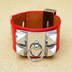 Hermes Kelly Dog Bracelet,Red Leather and White Gold Cuff