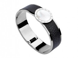 Bulgari-Bvlgari Wide Band Bangle in Steel and Black Leather with Mother of Pearl 