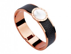 Bulgari-Bvlgari Wide Band Bangle in 18kt Pink Gold and Black Leather with Mother of Pearl 