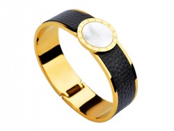 Bulgari-Bvlgari Wide Band Bangle in 18kt Yellow Gold and Black Leather with Mother of Pearl 