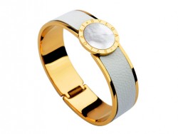 Bulgari-Bvlgari Wide Band Bangle in 18kt Yellow Gold and White Leather with Mother of Pearl 