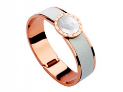 Bulgari-Bvlgari Wide Band Bangle in 18kt Pink Gold and White Leather with Mother of Pearl 