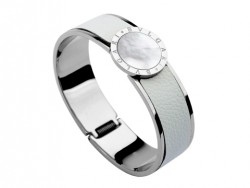 Bulgari-Bvlgari Wide Band Bangle in Steel and White Leather with Mother of Pearl 