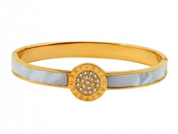 Designer Bvlgari Bangle in 18kt Yellow Gold with Mother of Pearl and Pave Diameters