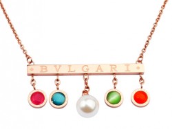 2014 New Style Bvlgari 4-Row Pendant Necklace in 18kt Pink Gold with Colors Swarovski Crystals