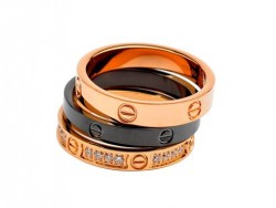 Cartier Three Bands LOVE Ring in Black Ceramic and 18kt Pink Gold with Pave Diamonds