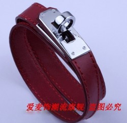 Hermes Kelly Dog Double Red Leather Bracelet,Silver Hardware
