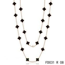 Van Cleef Arpels Vintage Alhambra Long Necklace 20 Motifs Black Onyx Pink Gold