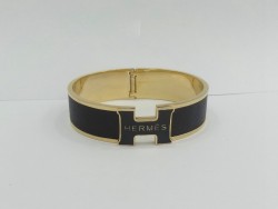Hermes Clic Clac H Bracelet in 18kt Yellow Gold with Black Leather,Narrow
