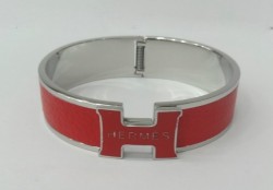 Hermes Clic Clac H Bracelet in 18kt White Gold with Rose Leather,Narrow