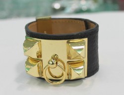 Hermes Kelly Dog Bracelet,Black Leather and Yellow Gold Cuff