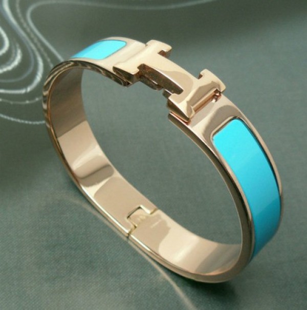 Hermes Clic H Narrow Bracelet Blue Enamel and Pink Gold - Hermes Jewelry